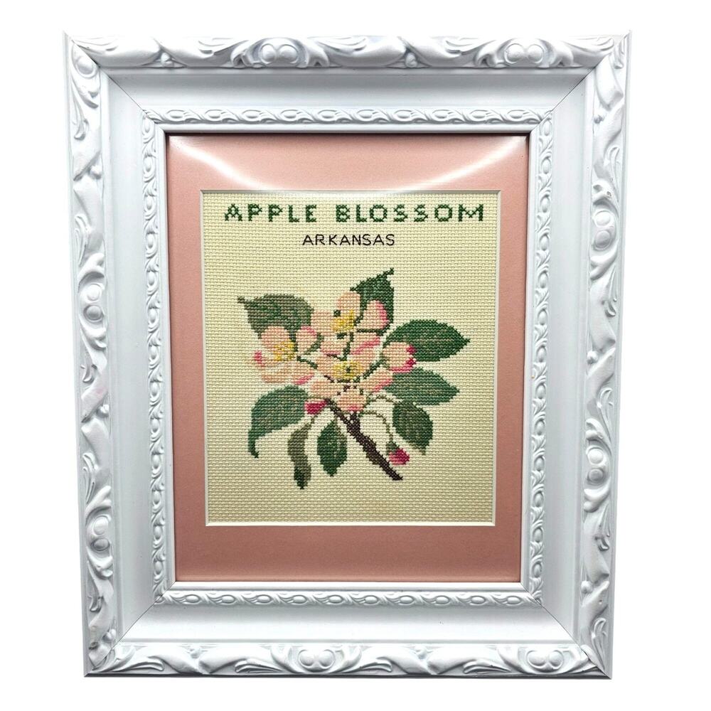 Apple Blossom Arkansas Cross Stitch Framed Wall Art 13x11 Pink Mat White Frame